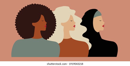 International women or mother day portrait from different nationalities and cultures. Flat isolated of confident females background. Women's empowerment movement concept. Vector illustration.