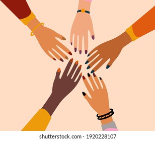 International Women s Day 8 March. Feminism female hands together greeting card. Girls power. Fight for freedom, independence, equality. Vector illustration.