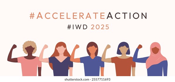 International Women s Day 8 march Accelerate Action. Female hand show strength. Flat style horizontal banner for Campaign 2025 Accelerate Action. Diversity of appearance religion and origin of people