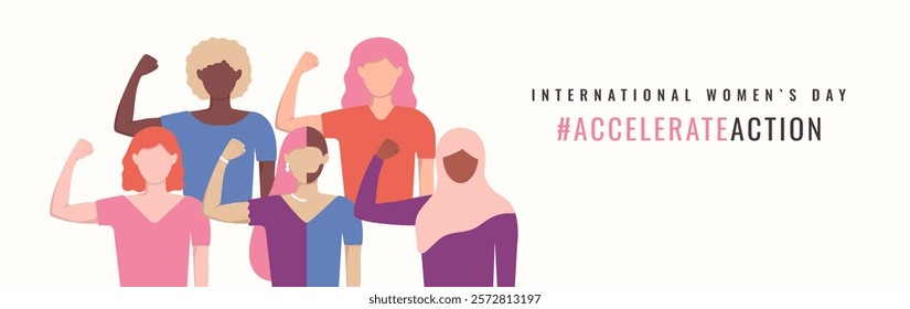 International Women s Day 8 march Accelerate Action. Female hand show strength. Banner for 2025 AccelerateAction. Diversity of religion and origin, one girl identify as he she they.