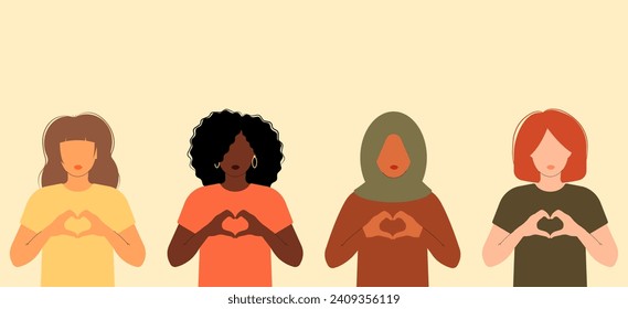 International Women s Day banner. 8 march. Campaign 2024 inspireinclusion. Diverse race group of women hands gesture as heart shape to stop gender discrimination. Flat vector illustration