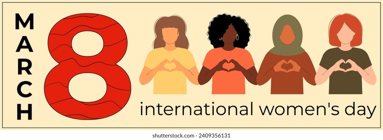 International Women s Day banner. 8 march. Campaign 2024 inspireinclusion. Diverse race group of women hands gesture as heart shape to stop gender discrimination. Flat vector illustration