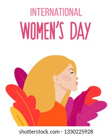 International Women s Day. Beautiful blonde woman and plants. Woman`s face, side view. Vector template for card, poster, flyer or banners.