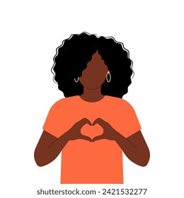 International Women s Day card. 8 march. Campaign 2024 inspireinclusion. Woman with heart shaped hands to stop gender discrimination. Flat vector illustration