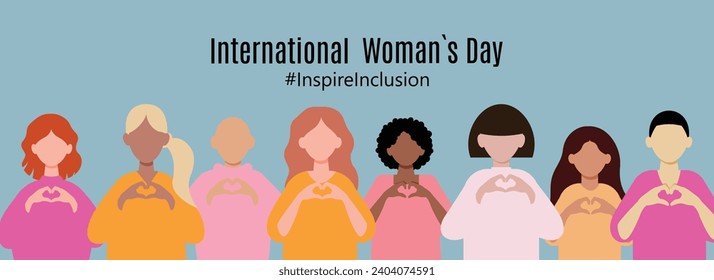 International Women s Day concept holiday. Diverse women with heart-shaped hands stand together. Campaign 2024 inspireinclusion. 8 march.