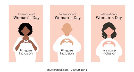 International Women s Day concept holiday. Diverse women. Three card. Campaign 2024 inspireinclusion. 8 march.