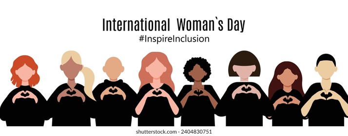 International Women s Day concept holiday. Diverse women with heart-shaped hands stand together. Campaign 2024 inspireinclusion. 8 march.