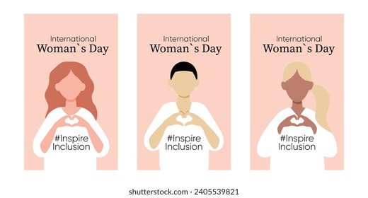 International Women s Day concept holiday. Diverse women. Three card. Campaign 2024 inspireinclusion. 8 march.