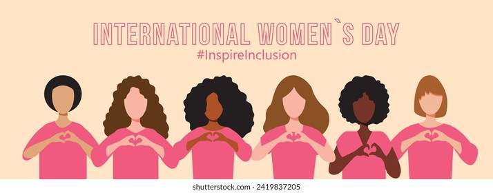 International Women s Day concept pink banner. Diverse women with heart-shaped hands stand together. Campaign 2024 inspireinclusion. 8 march.