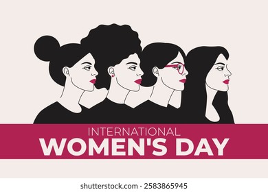 International Women s Day concept with group of diverse female characters stand together. 8 March. Woman empowerment, girl power and sisterhood concept. Black and white flat vector illustration