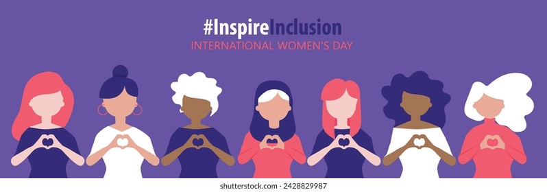 International Women s Day. Diverse women with heart-shaped hands stand together. Campaign 2024 inspireinclusion