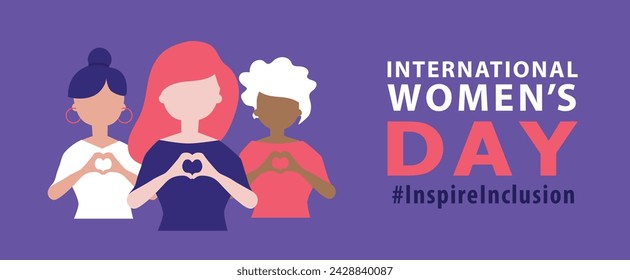 International Women s Day. Diverse women with heart-shaped hands stand together. Campaign 2024 inspireinclusion