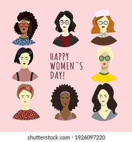 Día Internacional de la Mujer. Las mujeres se enfrentan a diferentes peinados, color de piel y accesorios. Plantilla vectorial con mujer y flores para tarjetas, afiches, volantes y otros usos.