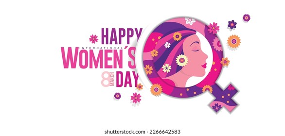 INTERNATIONAL WOMEN S DAY Greeting Card. Woman face in profile with pink hair inside purple, red and pink female symbol with flowers coming out of the circle on white background. Vector image