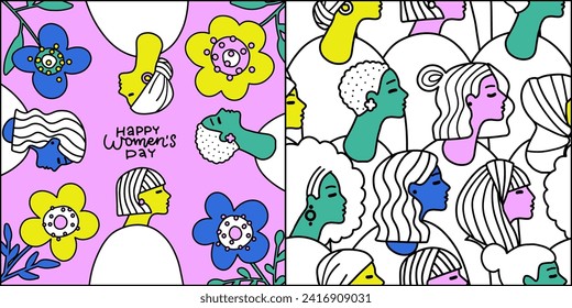 International Women s Day greeting card and seamless pattern set. Comic line vector Illustration with line woman face and flowers.