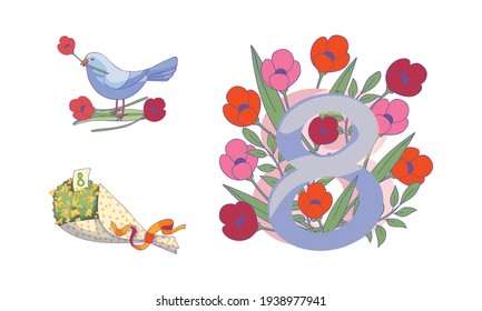 International Women s Day Holiday Attribute with Eight Number and Bird Holding Flower Vector Set
