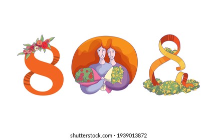 International Women s Day Holiday Attribute with Eight Number and Females Holding Bunch of Flowers Vector Set