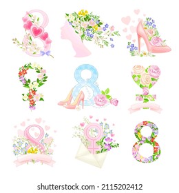 International Women s Day Holiday Attributes with Floral Composition Vector Set