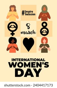 International Women s Day poster. 8 march. Campaign 2024 inspireinclusion. Diverse race group of women hands gesture as heart shape to stop gender discrimination. Flat vector illustration
