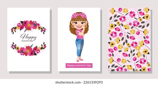 International Women s Day with Pretty Woman Standing and Flowers Background. Vector templates for card, poster, flyer and other users