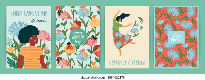 International Women s Day. Set of vector templates with cute women and flowers for card, poster, flyer and other users