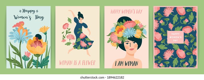 International Women s Day. Set of vector templates with cute women and flowers for card, poster, flyer and other users