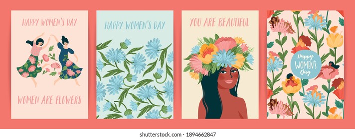 International Women s Day. Set of vector templates with cute women and flowers for card, poster, flyer and other users