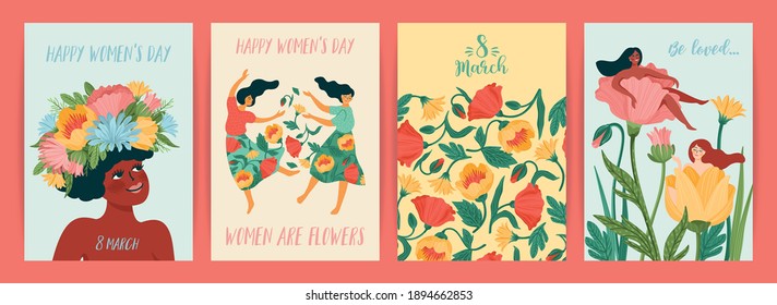 International Women s Day. Set of vector templates with cute women and flowers for card, poster, flyer and other users