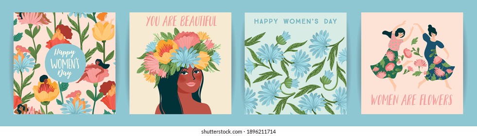 International Women s Day. Set of vector templates with cute women and flowers for card, poster, flyer and other users