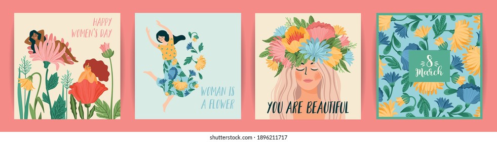 Día Internacional de la Mujer. Conjunto de plantillas vectoriales con mujeres bonitas y flores para tarjetas, afiches, volantes y otros usuarios