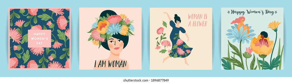 International Women s Day. Set of vector templates with cute women and flowers for card, poster, flyer and other users