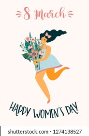 International Women s Day. Vector template with cute woman for card, poster, flyer and other users