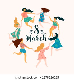 International Women s Day. Vector template with cute women for card, poster, flyer and other users