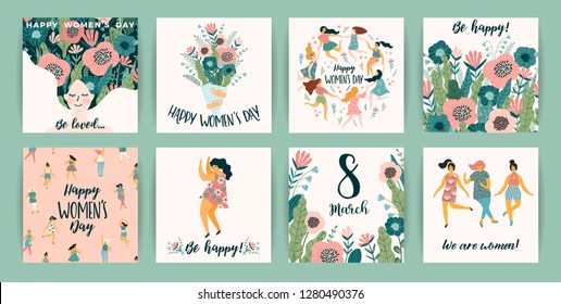 International Women s Day. Vector templates with cute women for card, poster, flyer and other users