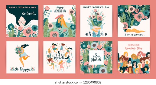 International Women s Day. Vector templates with cute women for card, poster, flyer and other users