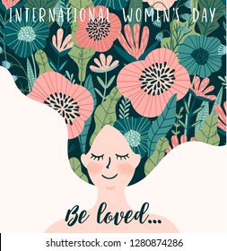 International Women s Day. Vector template with cute woman for card, poster, flyer and other users