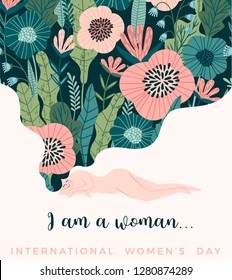 International Women s Day. Vector template with cute woman for card, poster, flyer and other users