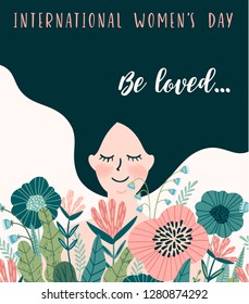 International Women s Day. Vector template with cute woman for card, poster, flyer and other users