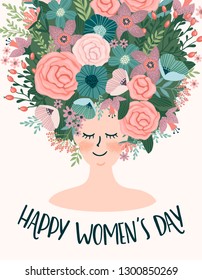 International Women s Day. Vector template with cute woman for card, poster, flyer and other users