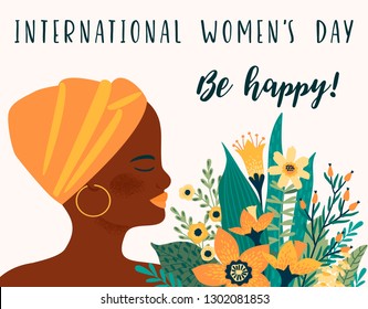 International Women s Day. Vector template with african woman and flowers for card, poster, flyer and other users