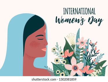 International Women s Day. Vector template with Indian woman and flowers for card, poster, flyer and other users