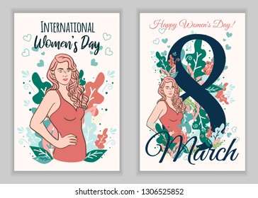 International Women s Day. Vector templates with cute women for card, poster, flyer and other users 