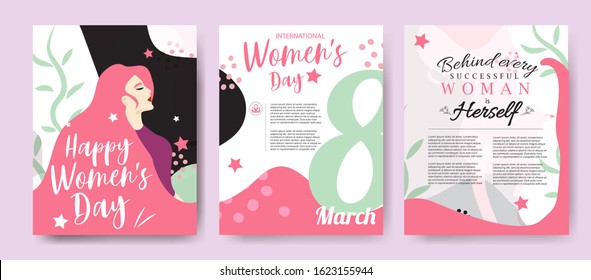 International Women s Day Vector templates with women for brochure, card, poster, flyer Happy Women Day holiday illustration. Paper cut girl head silhouette cutout with cute hand drawn pink