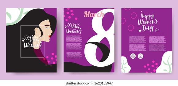 International Women s Day Vector templates with women for brochure, card, poster, flyer Happy Women Day holiday illustration. Paper cut girl head silhouette cutout with cute hand drawn purple