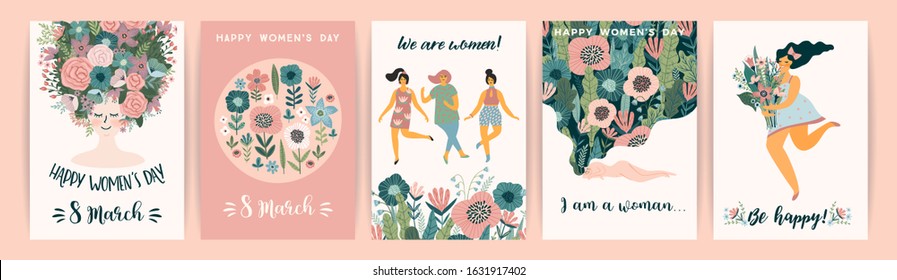 International Women s Day. Vector templates with cute women for card, poster, flyer and other users