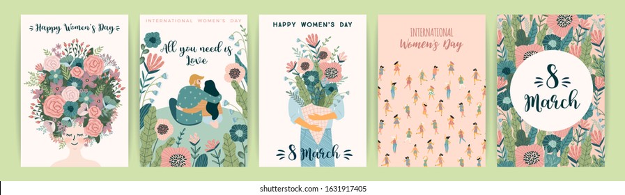 International Women s Day. Vector templates with cute women for card, poster, flyer and other users