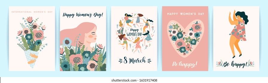 International Women s Day. Vector templates with cute women for card, poster, flyer and other users