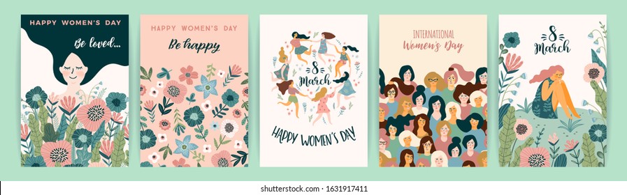 International Women s Day. Vector templates with cute women for card, poster, flyer and other users