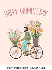 International Women s Day. Vector illustration with cute man with flowers on a bicycle for card, poster, flyer and other users