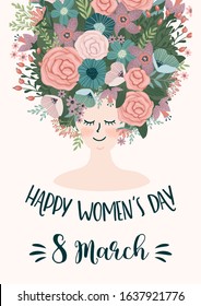 International Women s Day. Vector template with cute woman and flowers for card, poster, flyer and other users